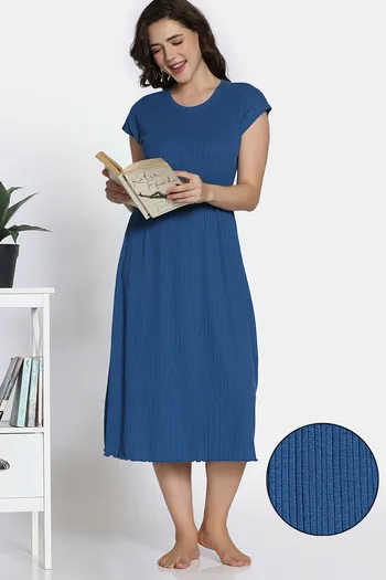 Buy Zivame 2 Mile Fashion Knit Poly Mid Calf Length Nightdress - Coronet Blue